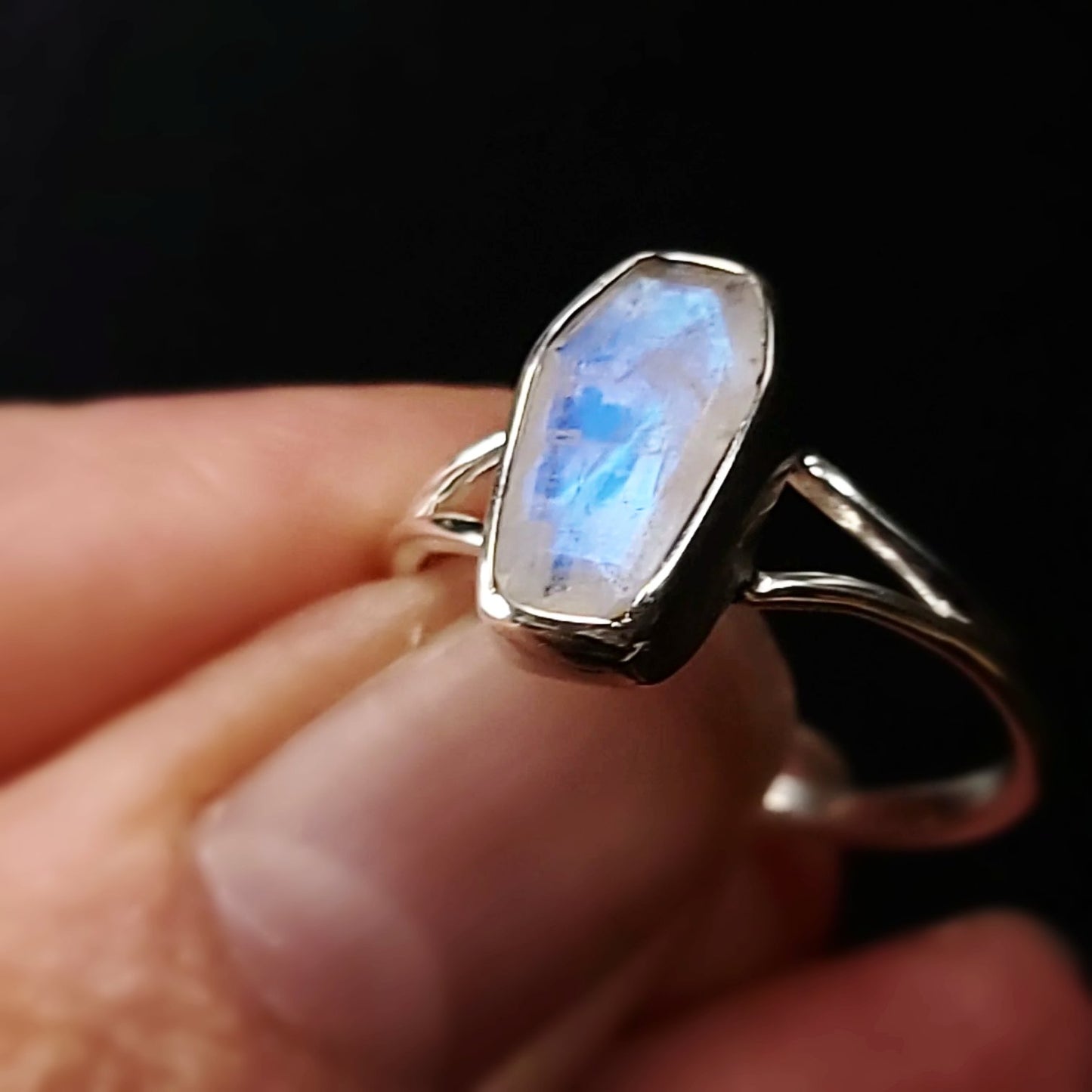 Blue Fire Rainbow Moonstone Coffin Ring Sterling Silver Size 7