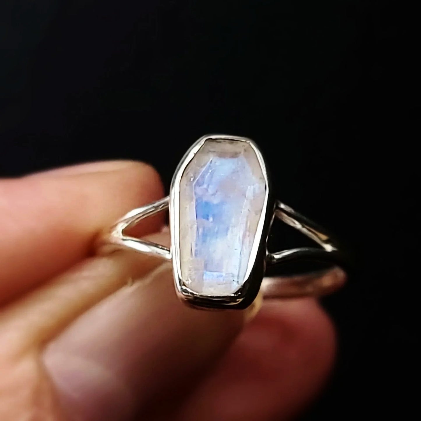 Blue Fire Rainbow Moonstone Coffin Ring Sterling Silver Size 7