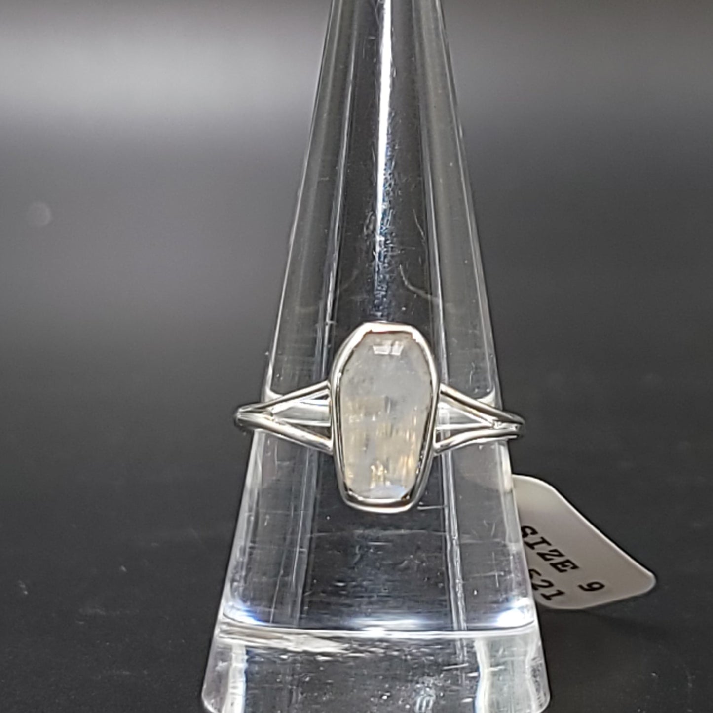 Blue Fire Rainbow Moonstone Coffin Ring Sterling Silver Size 7