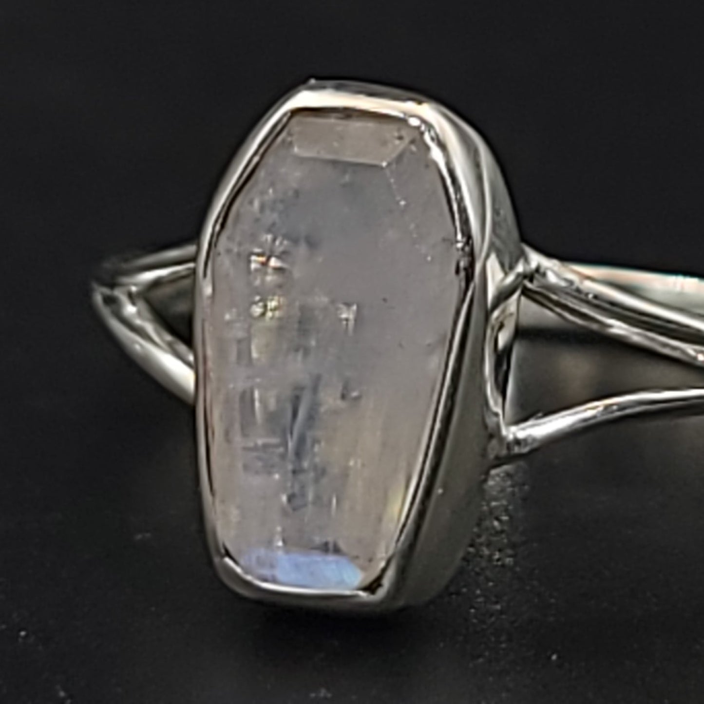 Blue Fire Rainbow Moonstone Coffin Ring Sterling Silver Size 7