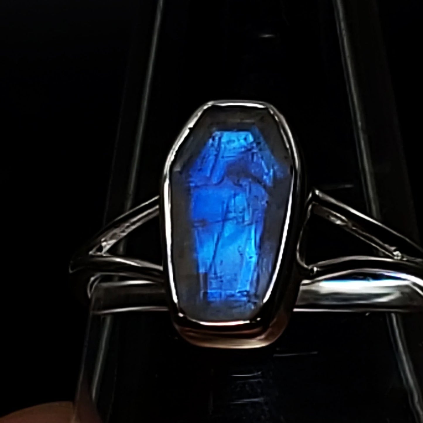 Blue Fire Rainbow Moonstone Coffin Ring Sterling Silver Size 7