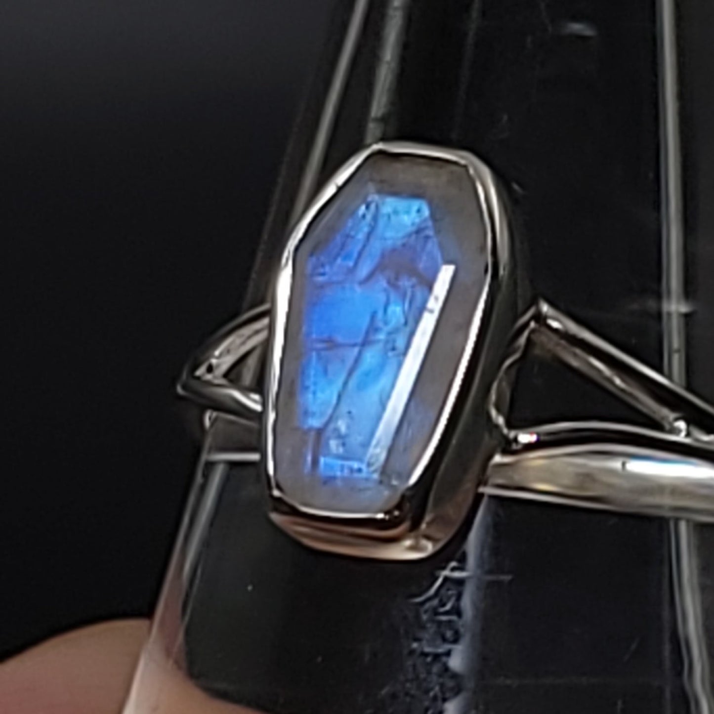 Blue Fire Rainbow Moonstone Coffin Ring Sterling Silver Size 7