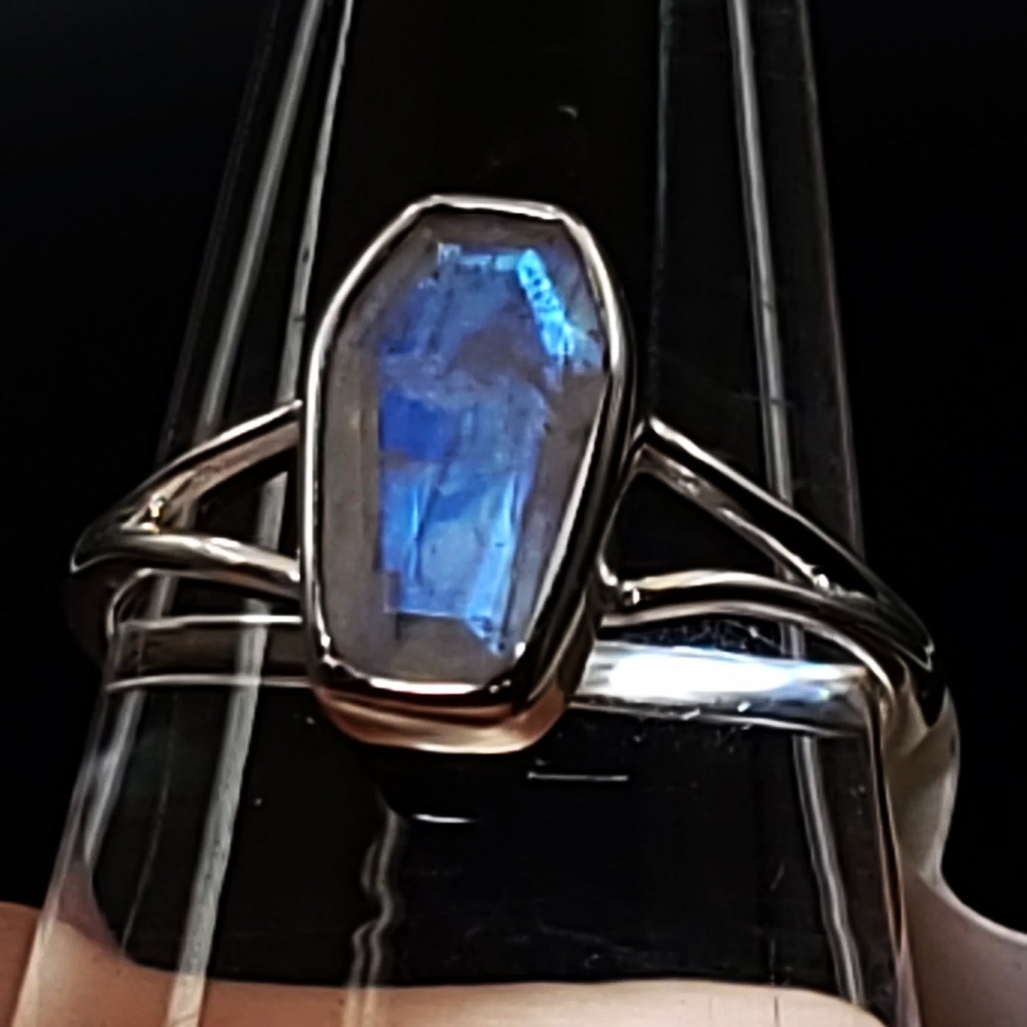 Blue Fire Rainbow Moonstone Coffin Ring Sterling Silver Size 7