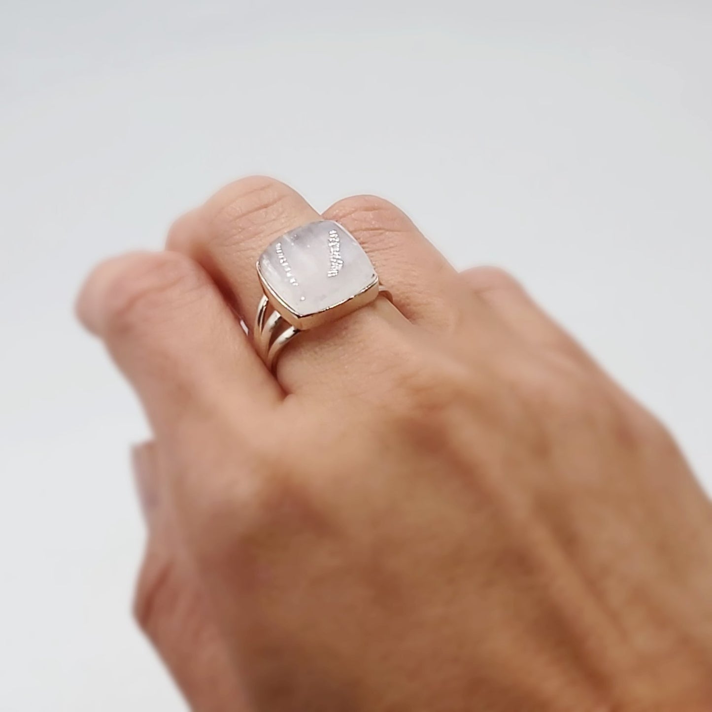Selenite Ring Square Sterling Silver Size 8 - Elevated Metaphysical