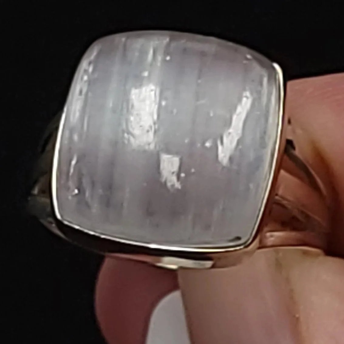 Selenite Ring Square Sterling Silver Size 8 - Elevated Metaphysical