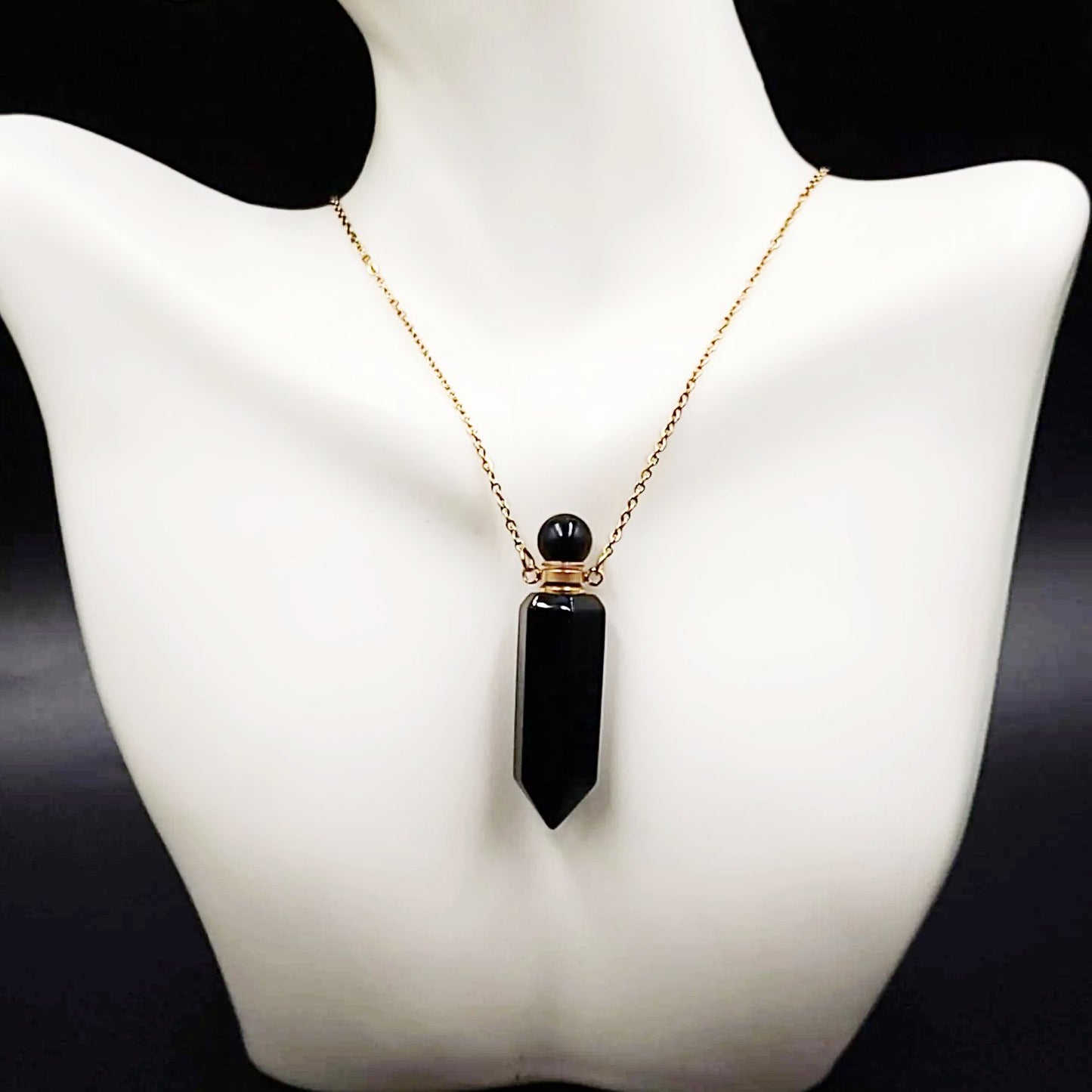 Black Obsidian Bottle Pendant Necklace Holder Perfume Oils Incense Ashes - Elevated Metaphysical