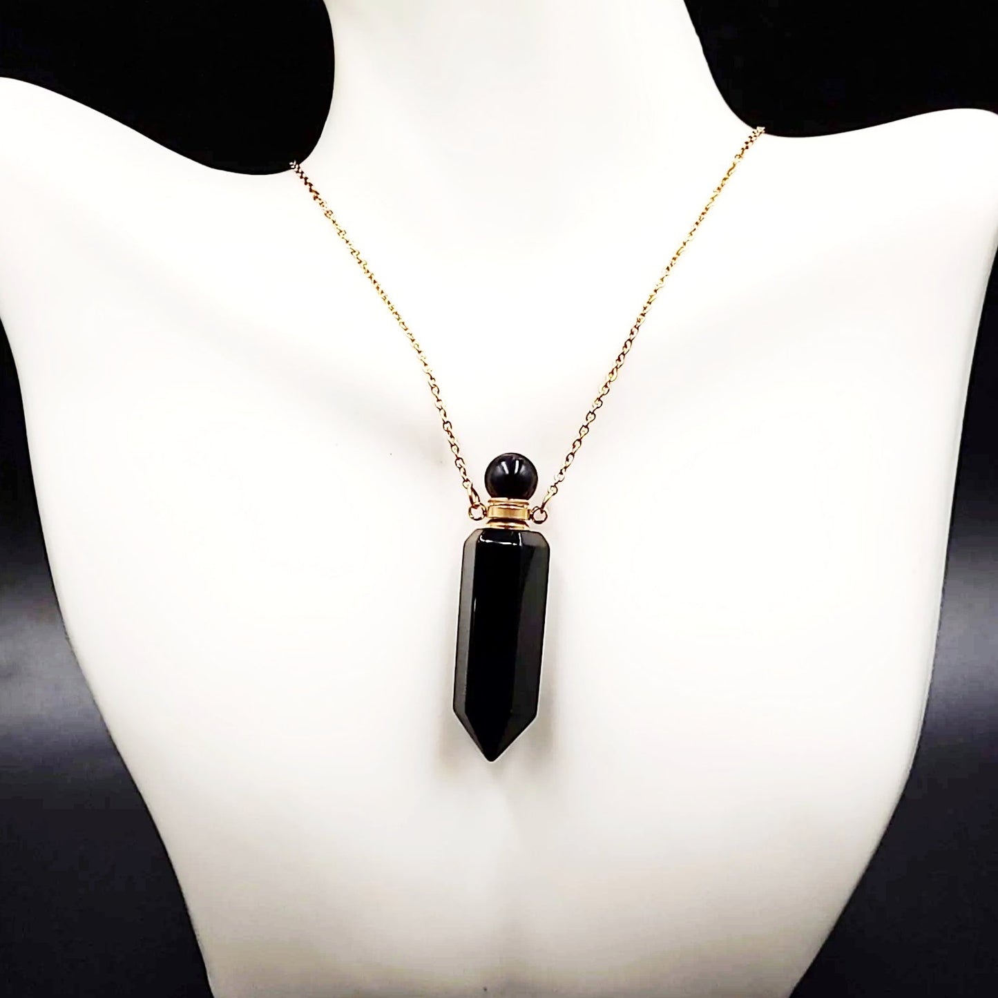 Black Obsidian Bottle Pendant Necklace Holder Perfume Oils Incense Ashes - Elevated Metaphysical
