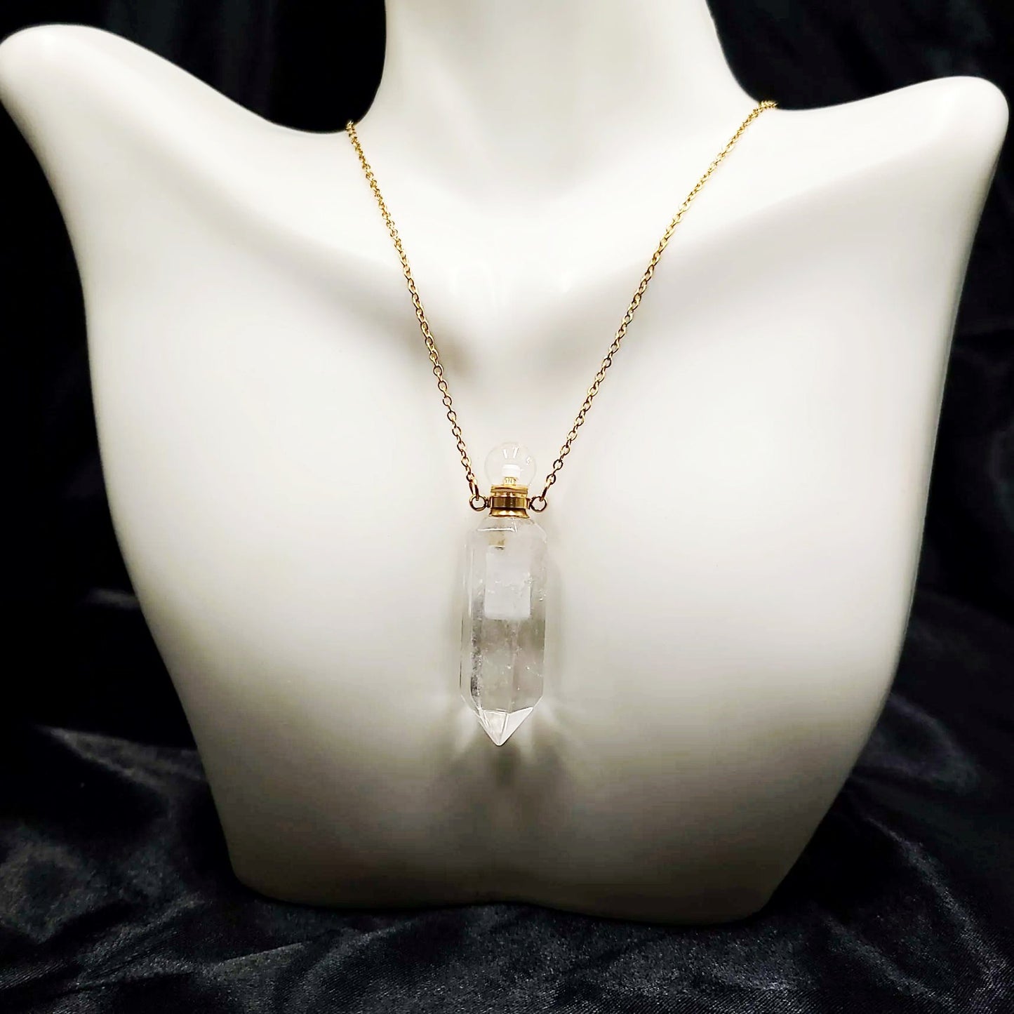 Clear Quartz Point Bottle Pendant Necklace Holder Perfume Oils Incense Ashes