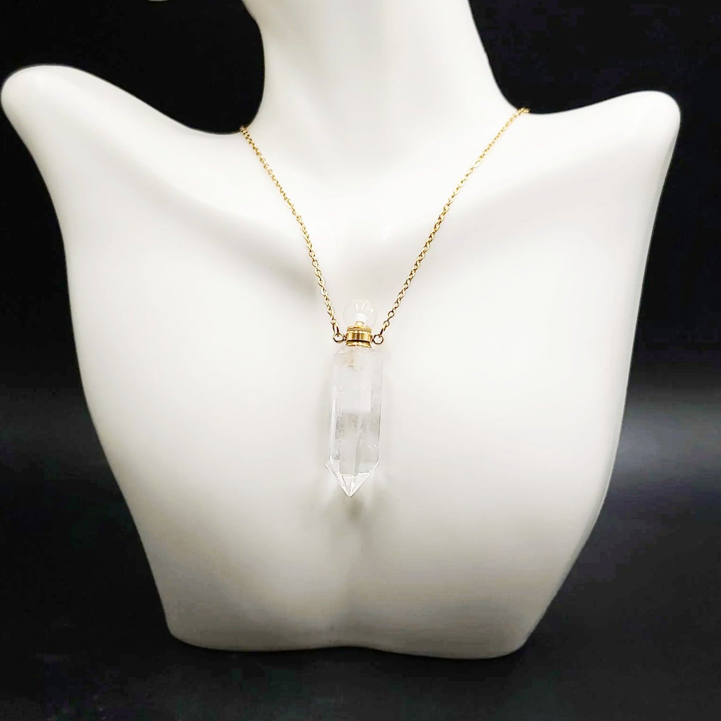 Clear Quartz Point Bottle Pendant Necklace Holder Perfume Oils Incense Ashes