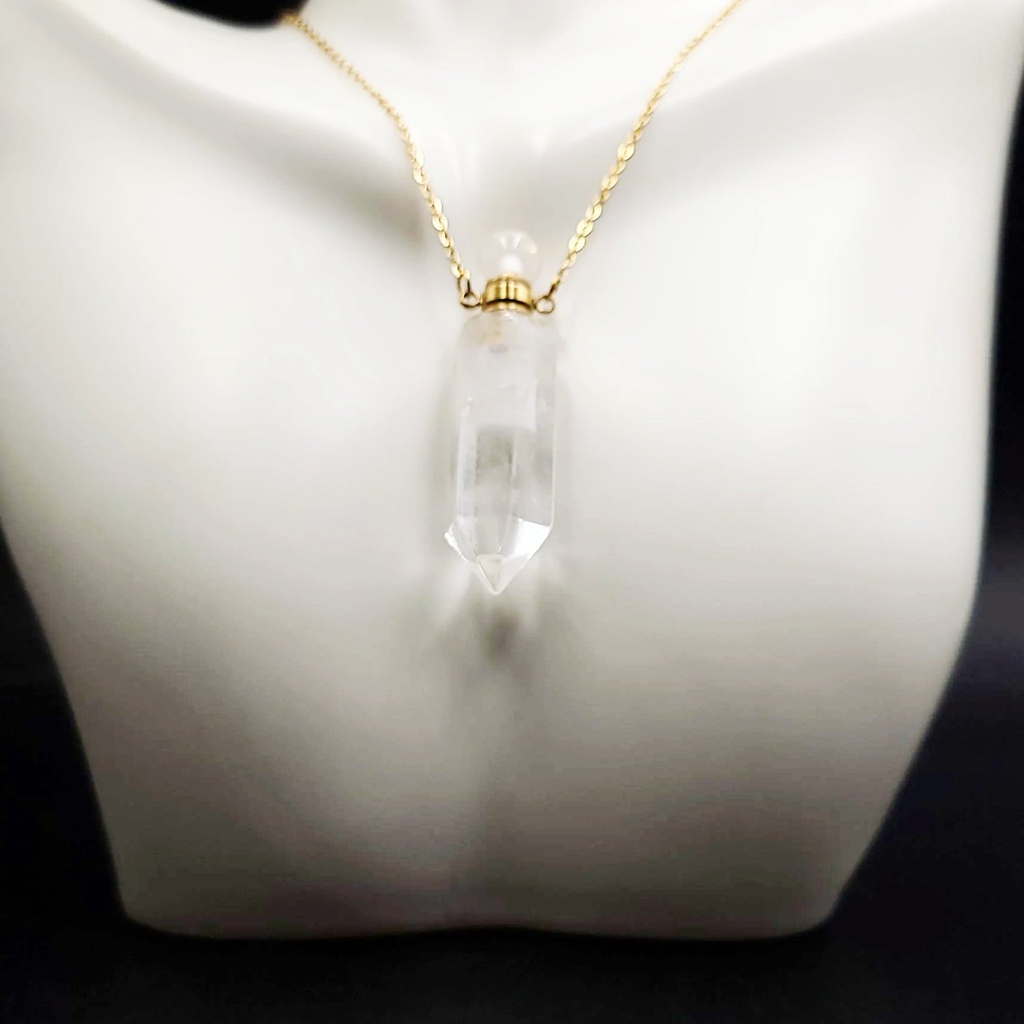 Clear Quartz Point Bottle Pendant Necklace Holder Perfume Oils Incense Ashes