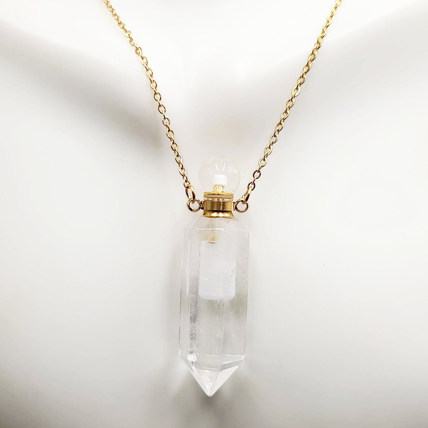 Clear Quartz Point Bottle Pendant Necklace Holder Perfume Oils Incense Ashes