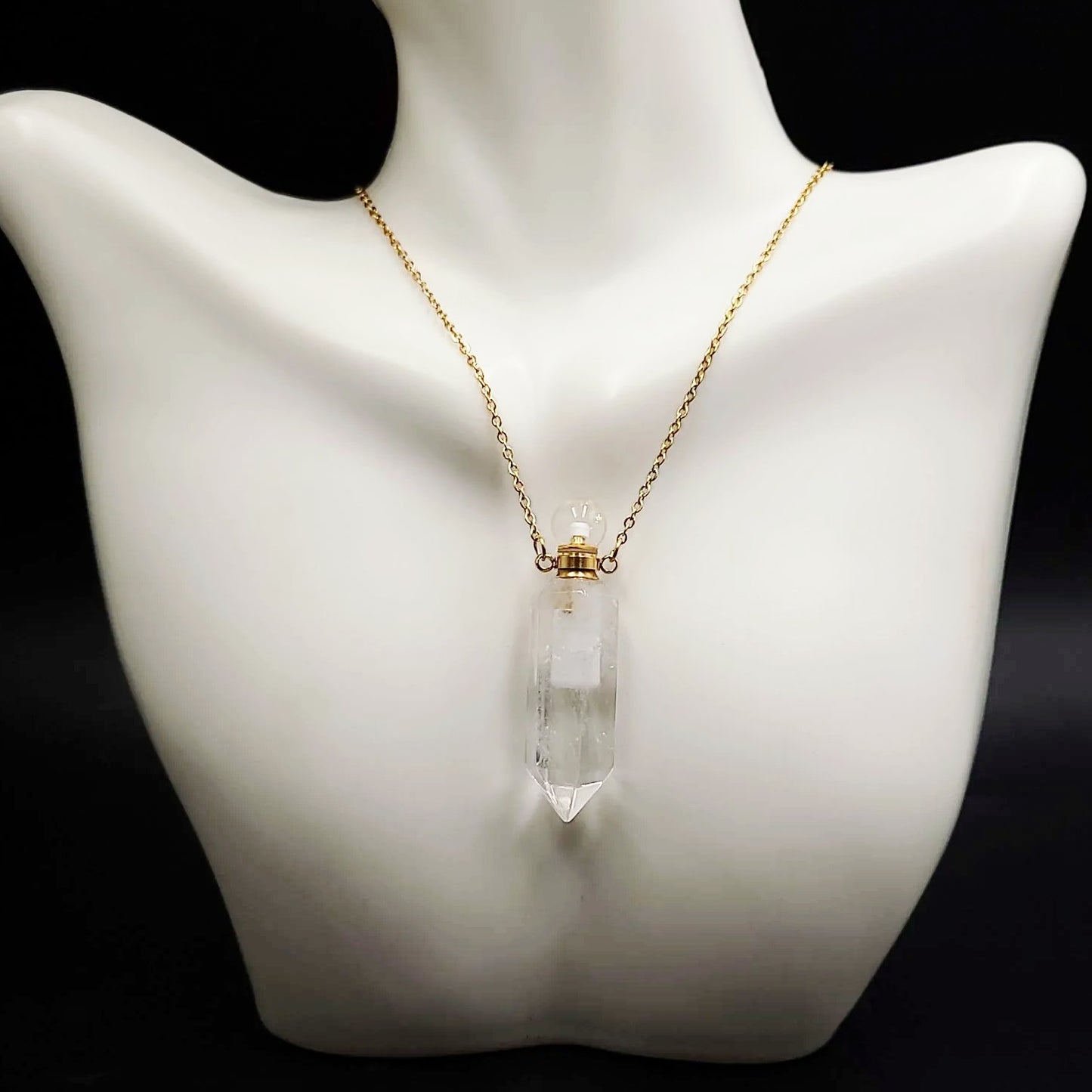 Clear Quartz Point Bottle Pendant Necklace Holder Perfume Oils Incense Ashes
