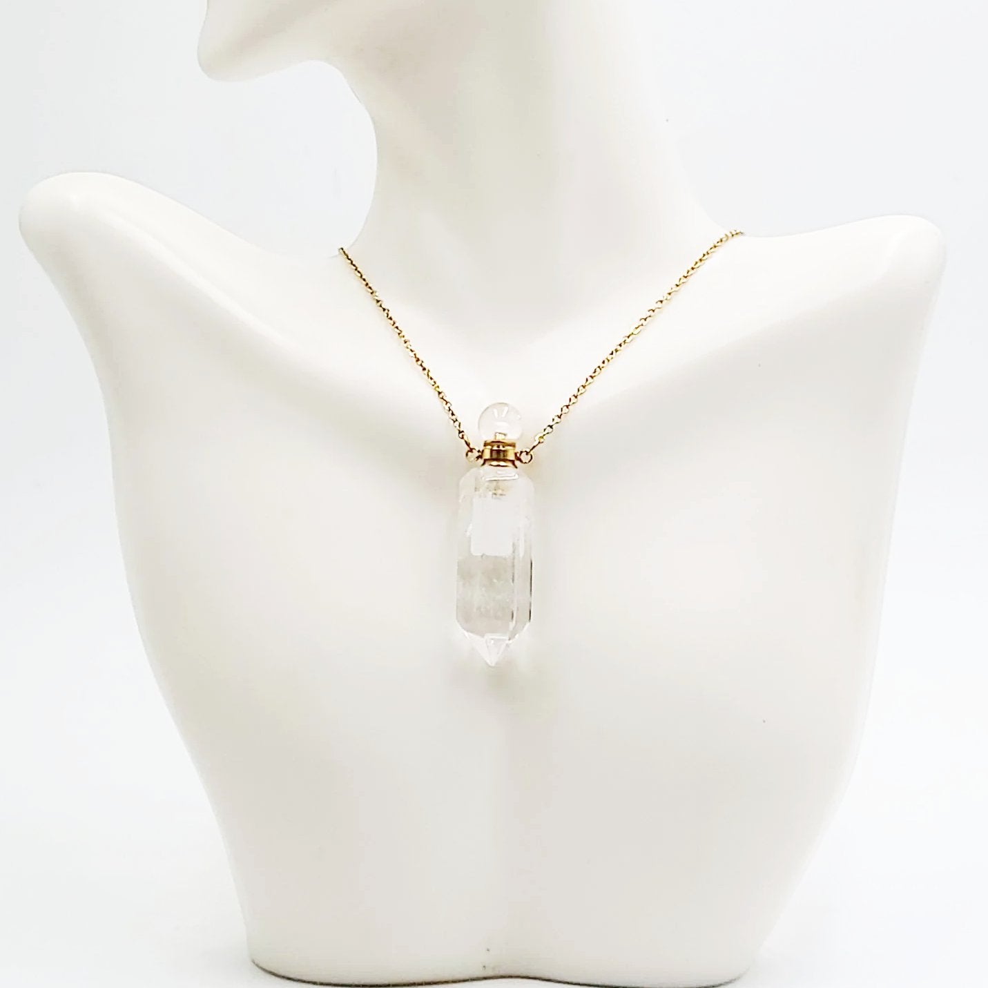 Clear Quartz Point Bottle Pendant Necklace Holder Perfume Oils Incense Ashes