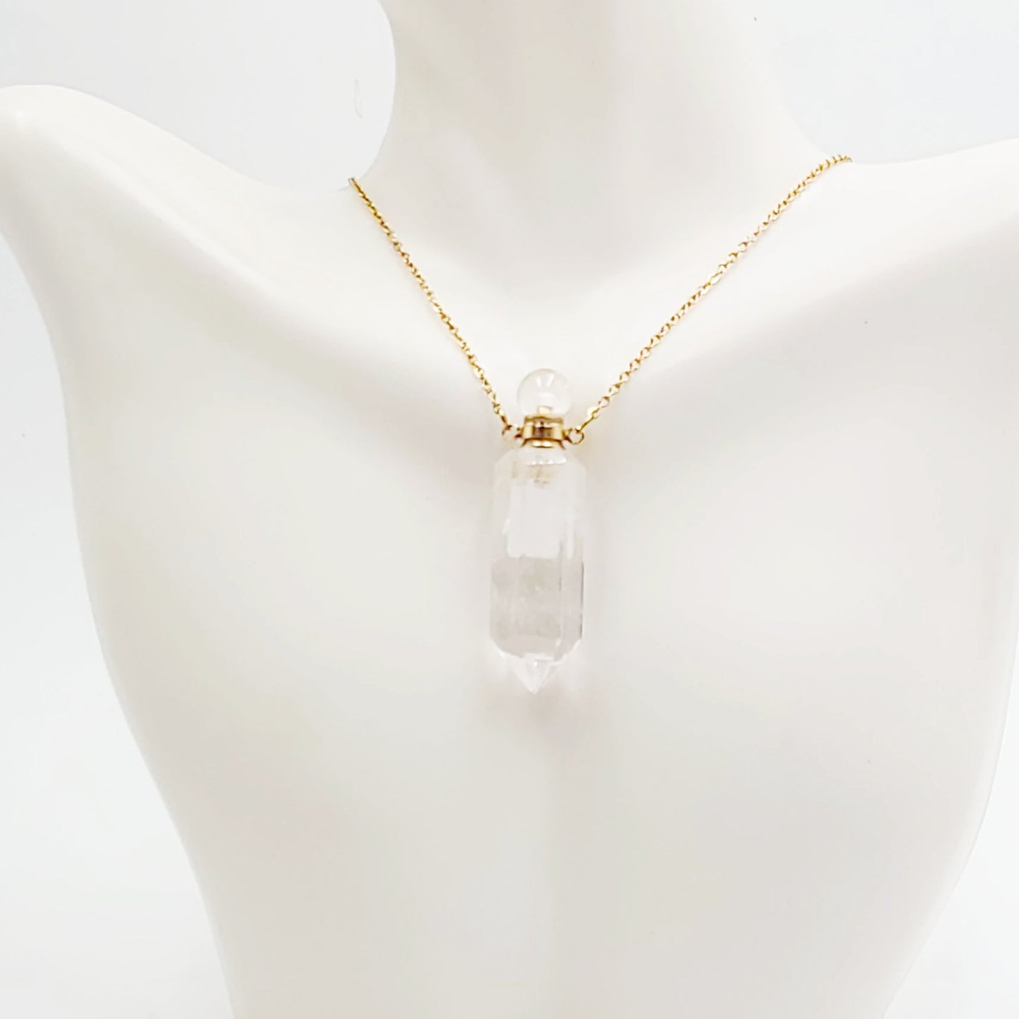 Clear Quartz Point Bottle Pendant Necklace Holder Perfume Oils Incense Ashes