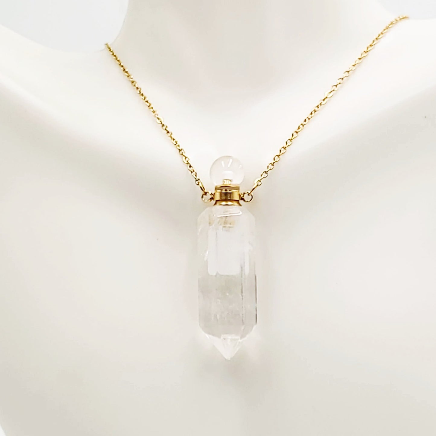 Clear Quartz Point Bottle Pendant Necklace Holder Perfume Oils Incense Ashes