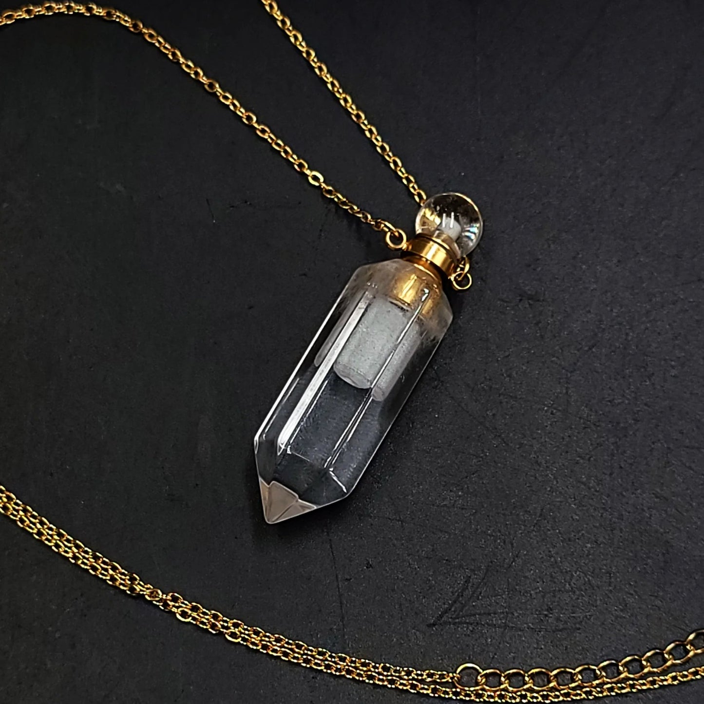 Clear Quartz Point Bottle Pendant Necklace Holder Perfume Oils Incense Ashes