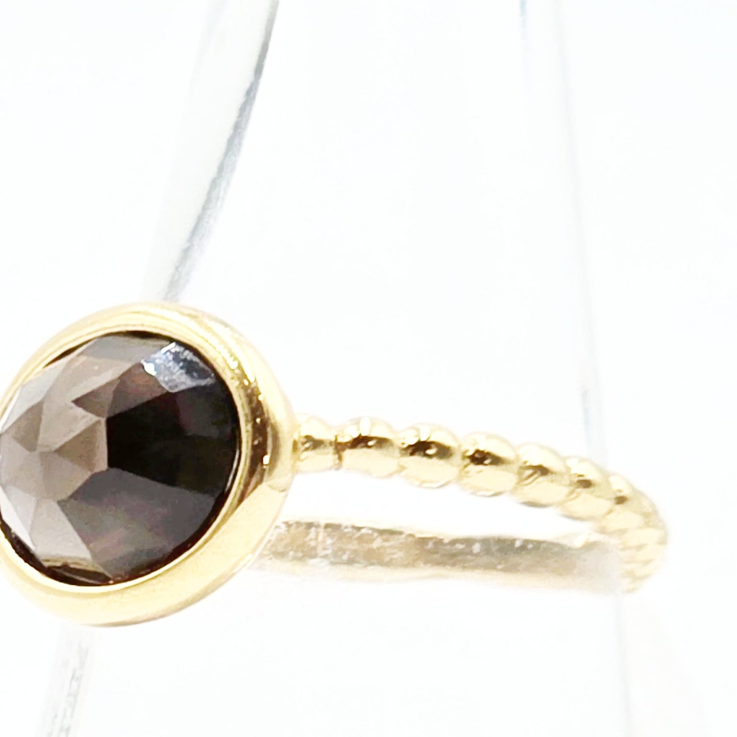 Smoky Quartz Faceted Dome Ring Rope Band Gold Vermeil Sterling Silver Solitaire Size 6