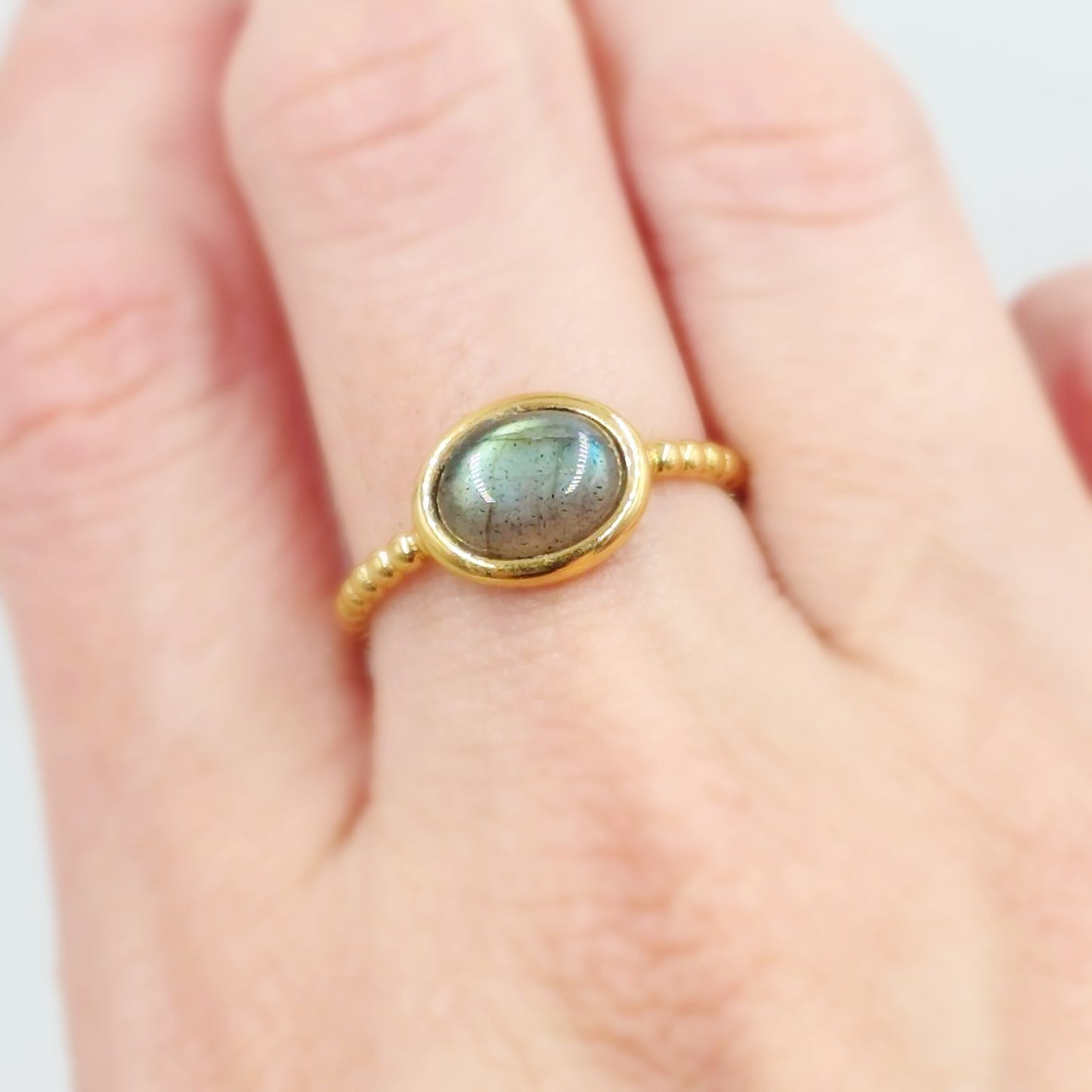 Labradorite Dome Ring Rope Band Gold Vermeil Sterling Silver Solitaire Size 9 - Elevated Metaphysical
