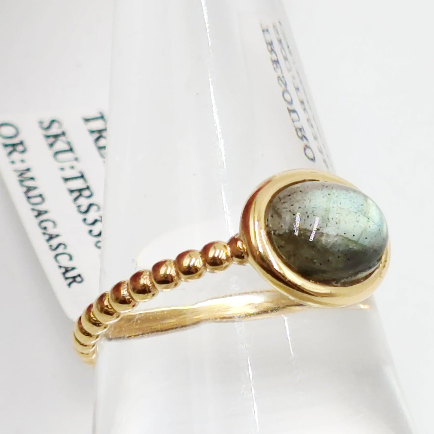 Labradorite Dome Ring Rope Band Gold Vermeil Sterling Silver Solitaire Size 9 - Elevated Metaphysical
