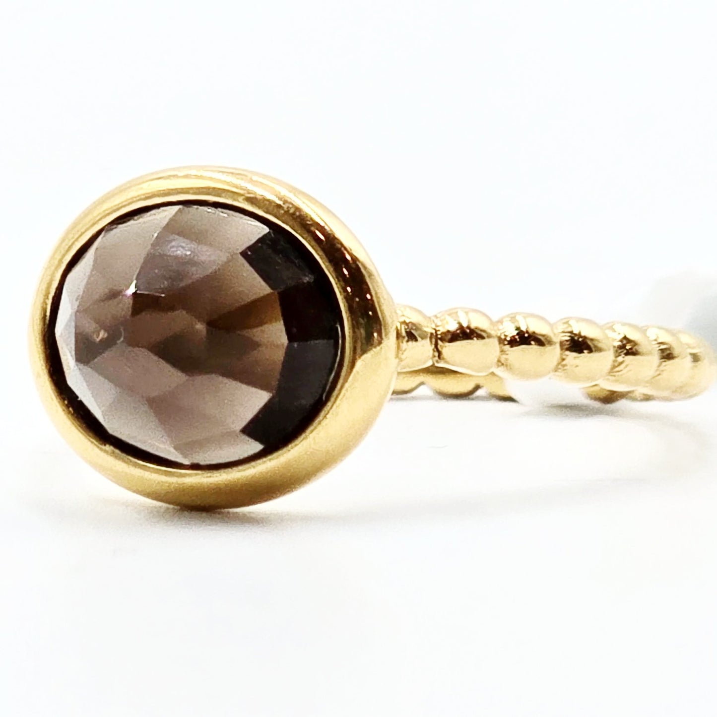 Smoky Quartz Faceted Dome Ring Rope Band Gold Vermeil Sterling Silver Solitaire Size 6