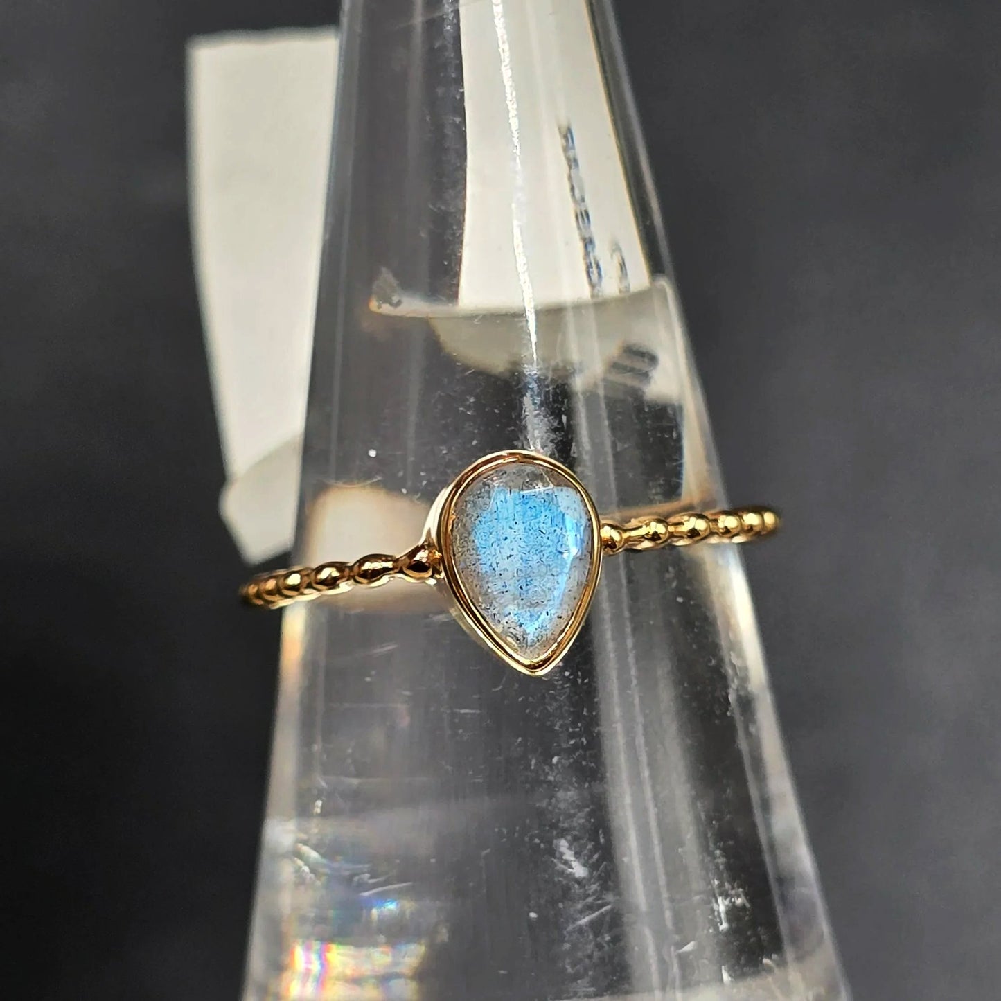 Labradorite Ring 1ct Rope Band Gold Vermeil Sterling Silver Solitaire Size 8 - Elevated Metaphysical