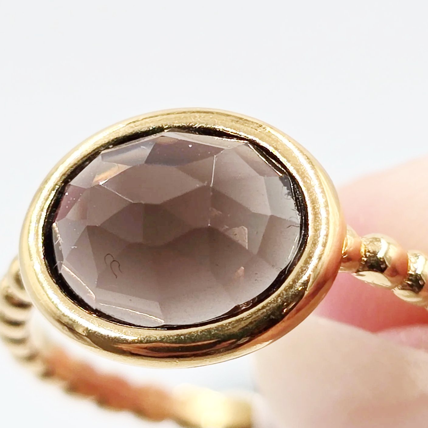 Smoky Quartz Faceted Dome Ring Rope Band Gold Vermeil Sterling Silver Solitaire Size 6