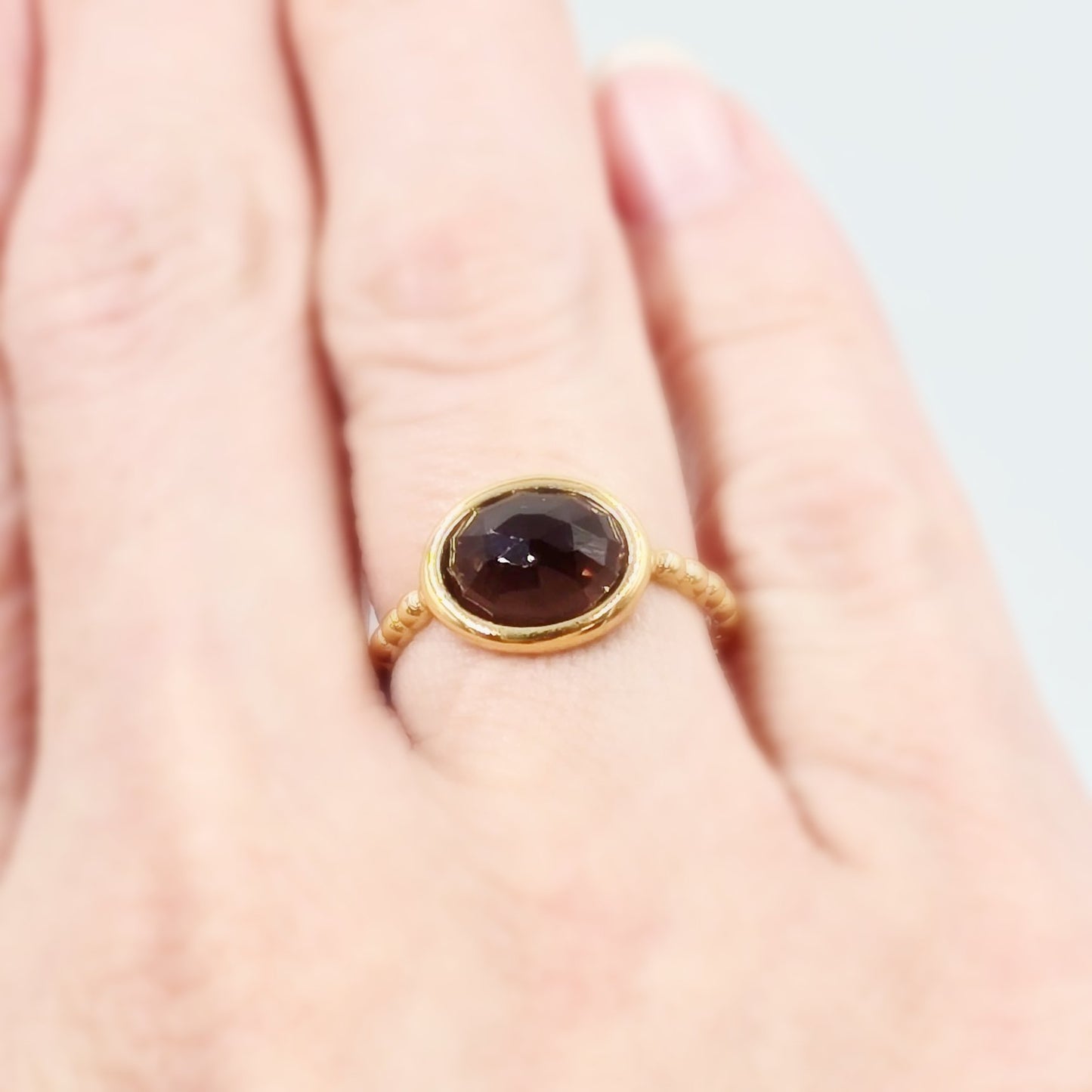 Smoky Quartz Faceted Dome Ring Rope Band Gold Vermeil Sterling Silver Solitaire Size 6