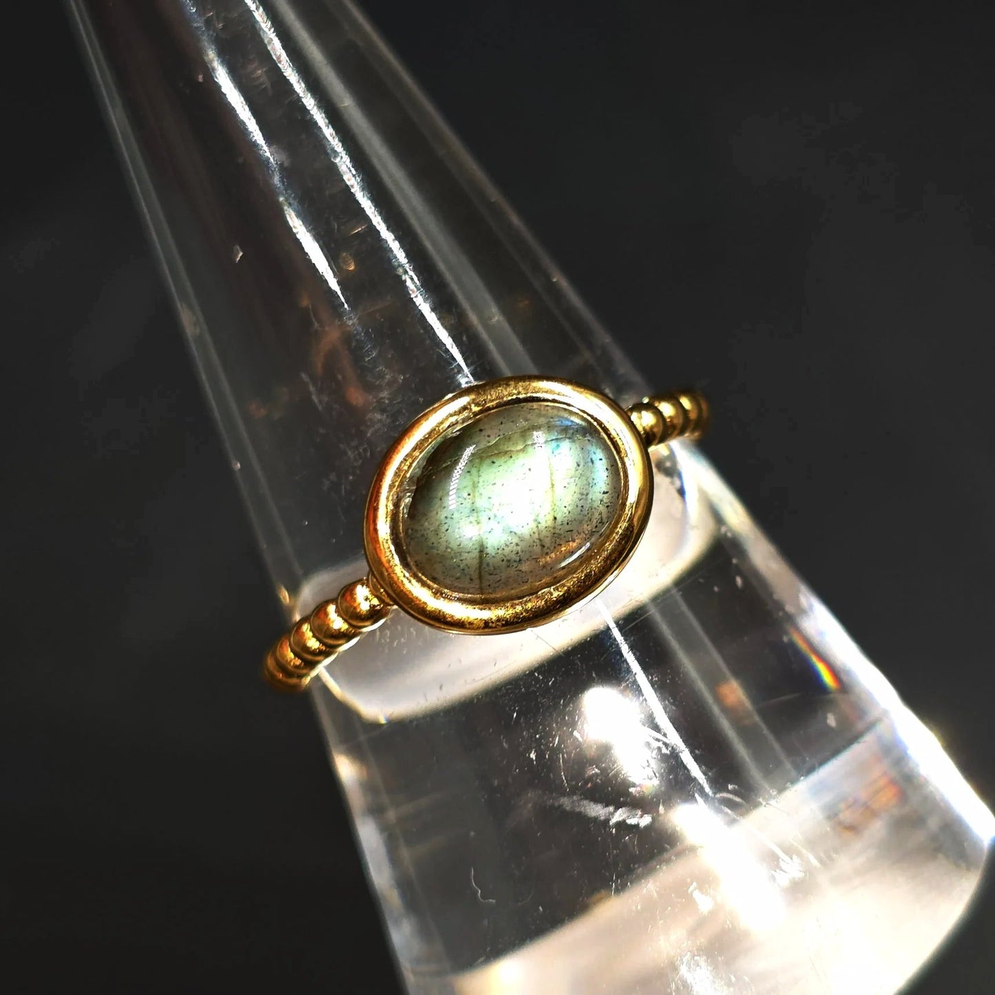 Labradorite Dome Ring Rope Band Gold Vermeil Sterling Silver Solitaire Size 9 - Elevated Metaphysical