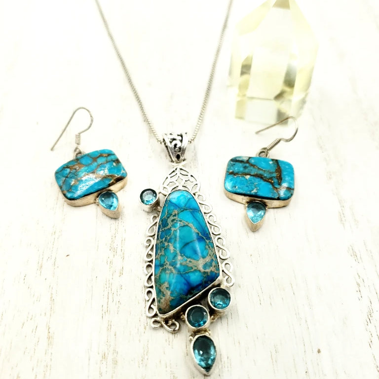Sterling Silver Blue Apatite Necklace & Earring Jewelry Set