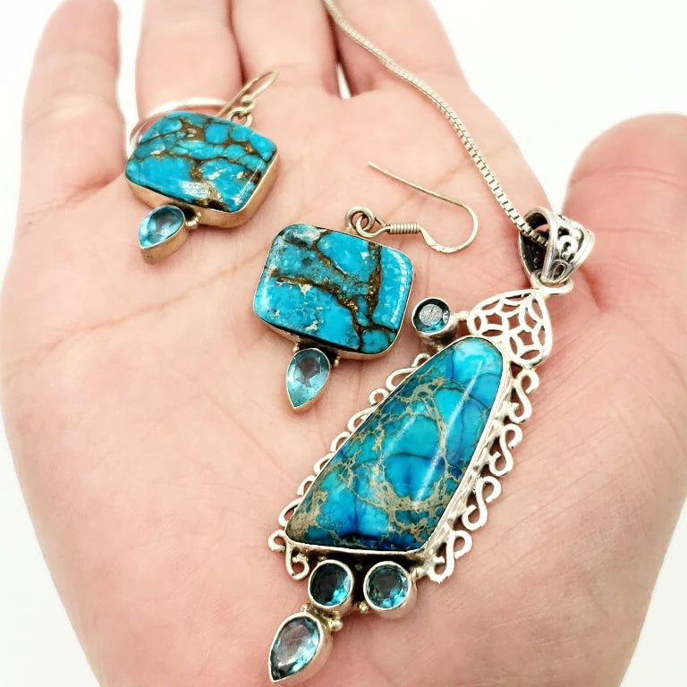 Sterling Silver Blue Apatite Necklace & Earring Jewelry Set