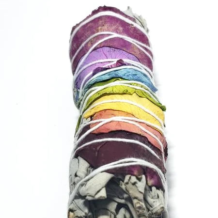 White Sage & Rose Petals Chakra Smudge Wand Stick 4" - Incense and Herbs - Elevated Metaphysical