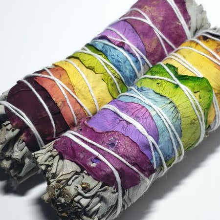 White Sage & Rose Petals Chakra Smudge Wand Stick 4" - Incense and Herbs - Elevated Metaphysical