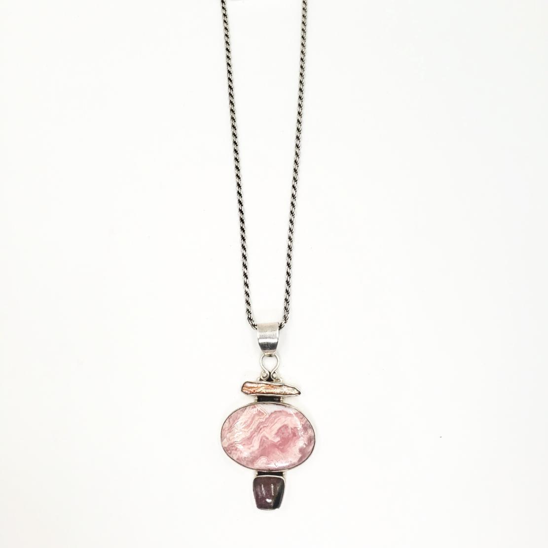 Sterling Silver Rhodochrosite Rope Necklace with Garnet and Keshi Pearl, 22" 46.3 grams