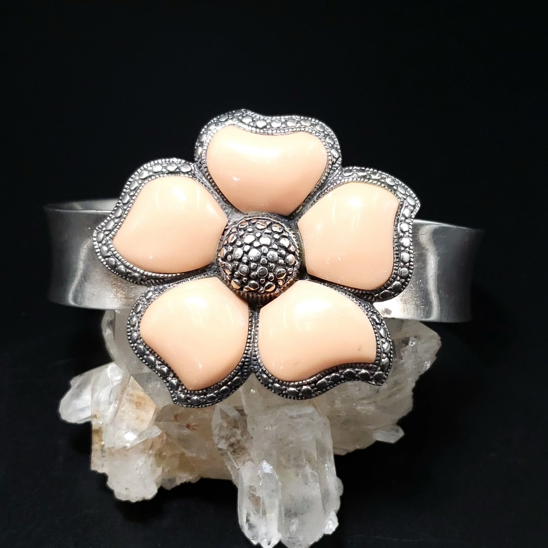 Peach NK Thailand Enamel Sterling Silver Flower Bracelet Cuff Vintage - Bracelet