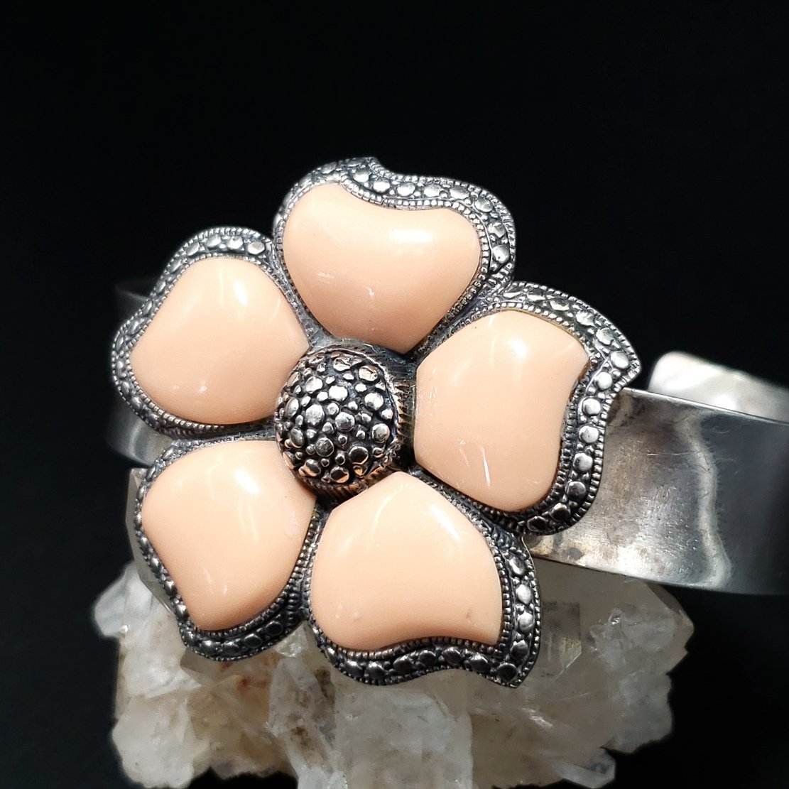 Peach NK Thailand Enamel Sterling Silver Flower Bracelet Cuff Vintage - Bracelet