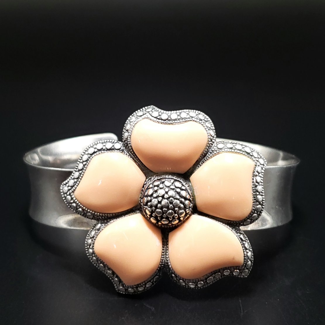 Peach NK Thailand Enamel Sterling Silver Flower Bracelet Cuff Vintage - Bracelet