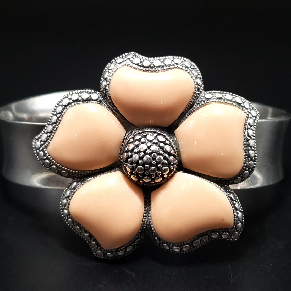 Peach NK Thailand Enamel Sterling Silver Flower Bracelet Cuff Vintage - Bracelet