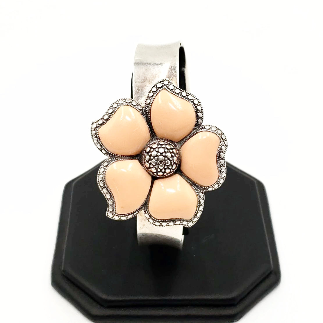 Peach NK Thailand Enamel Sterling Silver Flower Bracelet Cuff Vintage - Bracelet