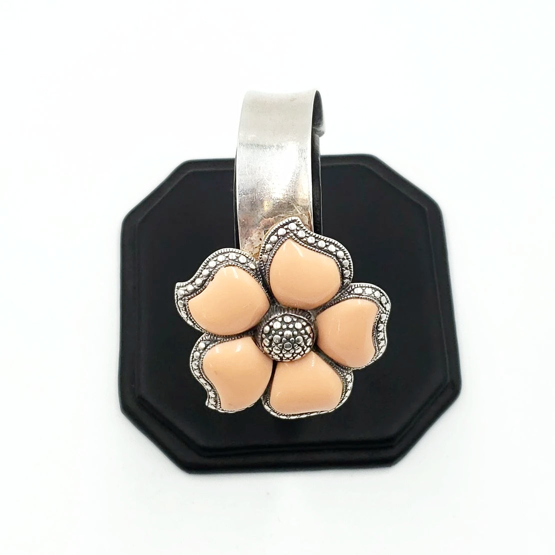 Peach NK Thailand Enamel Sterling Silver Flower Bracelet Cuff Vintage - Bracelet