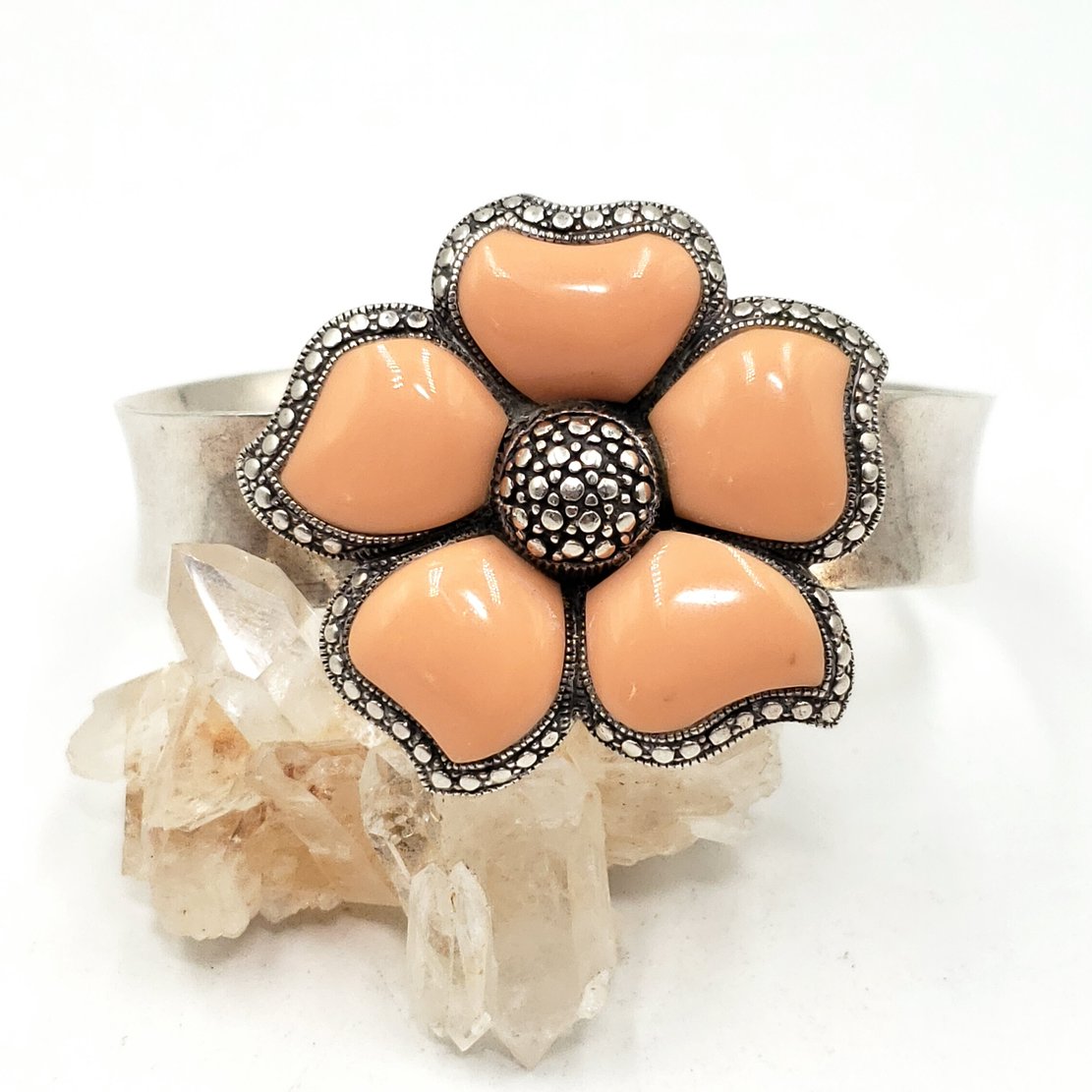 Peach NK Thailand Enamel Sterling Silver Flower Bracelet Cuff Vintage - Bracelet