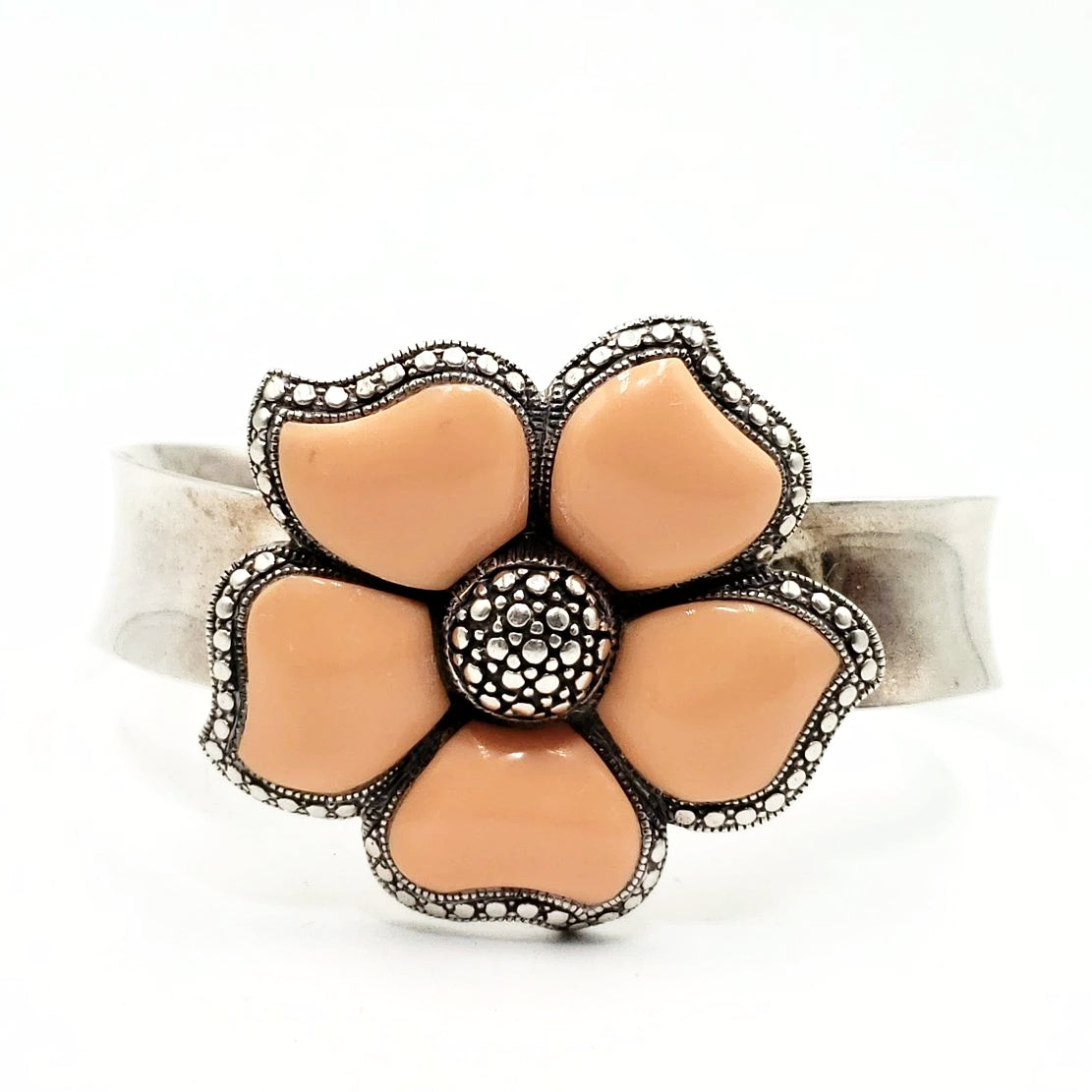 Peach NK Thailand Enamel Sterling Silver Flower Bracelet Cuff Vintage - Bracelet