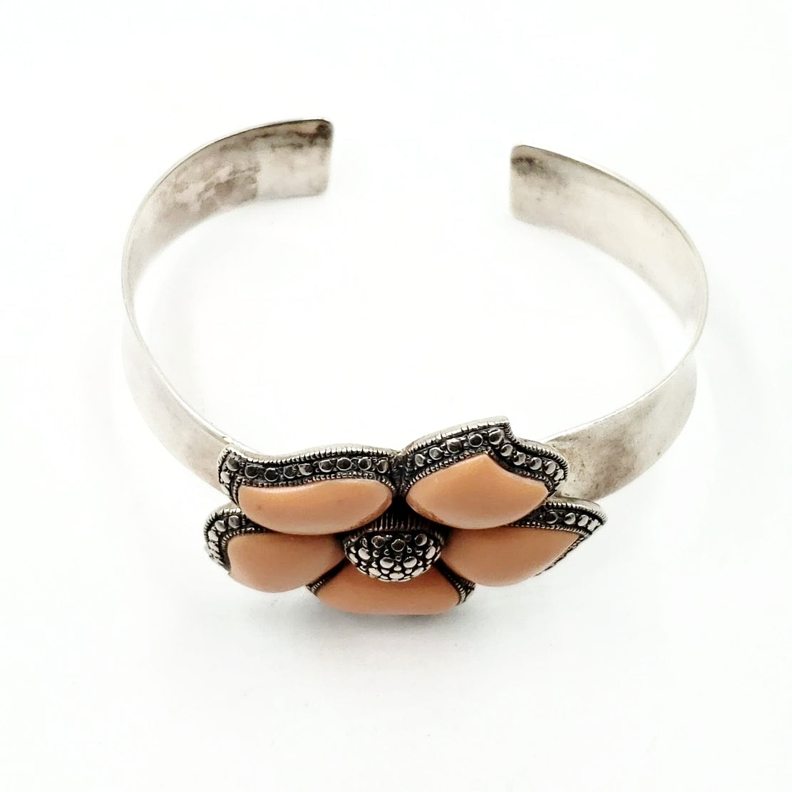 Peach NK Thailand Enamel Sterling Silver Flower Bracelet Cuff Vintage - Bracelet