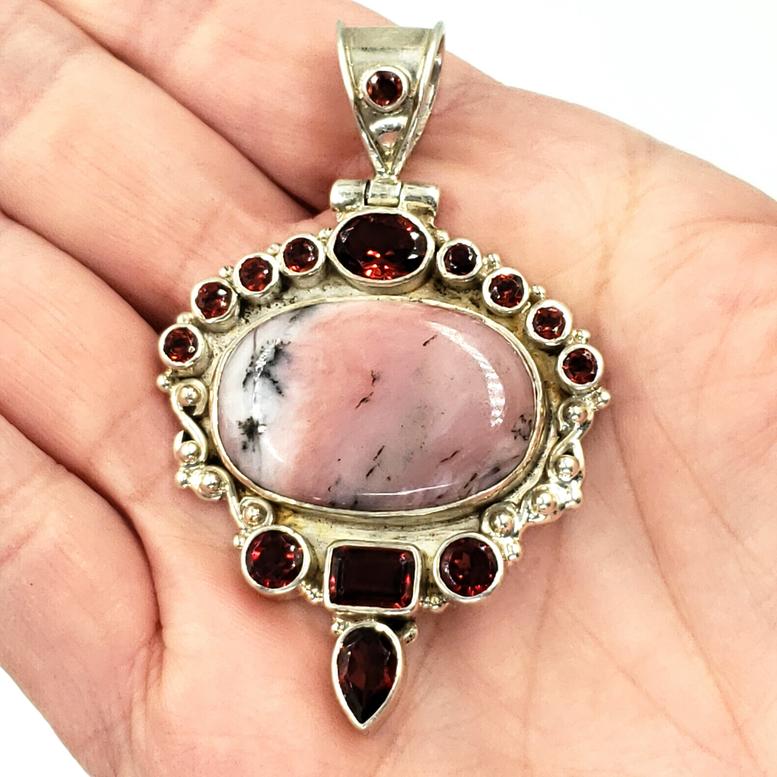 Rhodonite and Garnet Sterling Silver Pendant