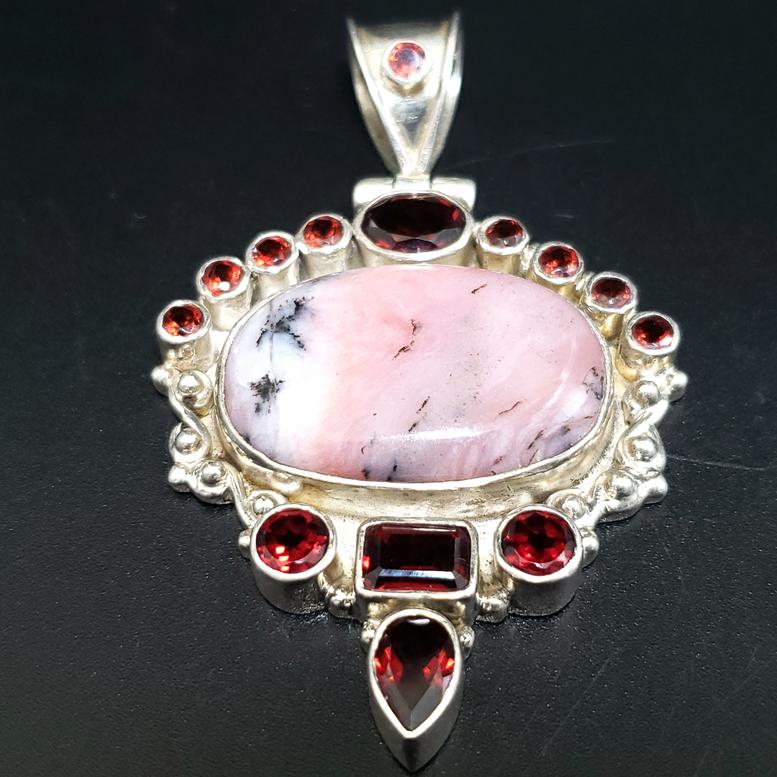 Rhodonite and Garnet Sterling Silver Pendant