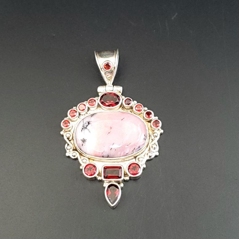 Rhodonite and Garnet Sterling Silver Pendant