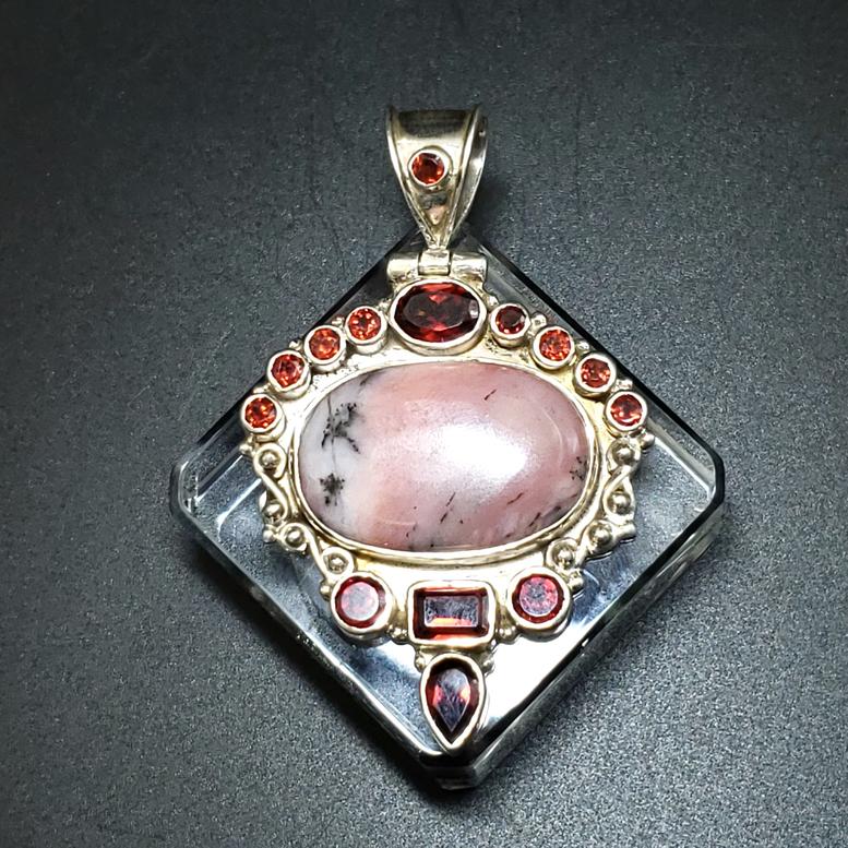 Rhodonite and Garnet Sterling Silver Pendant