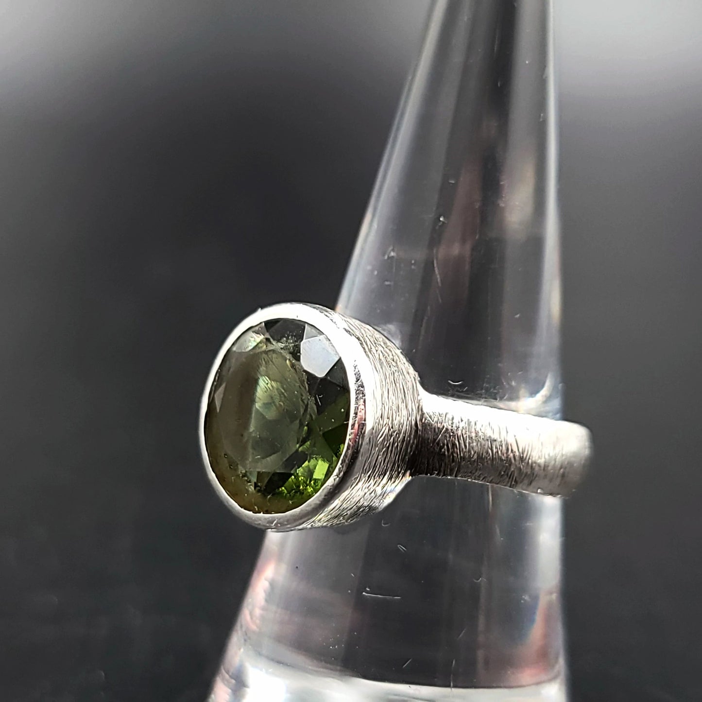 Moldavite Ring Sterling Silver Band Faceted Round - Elevated Metaphysical