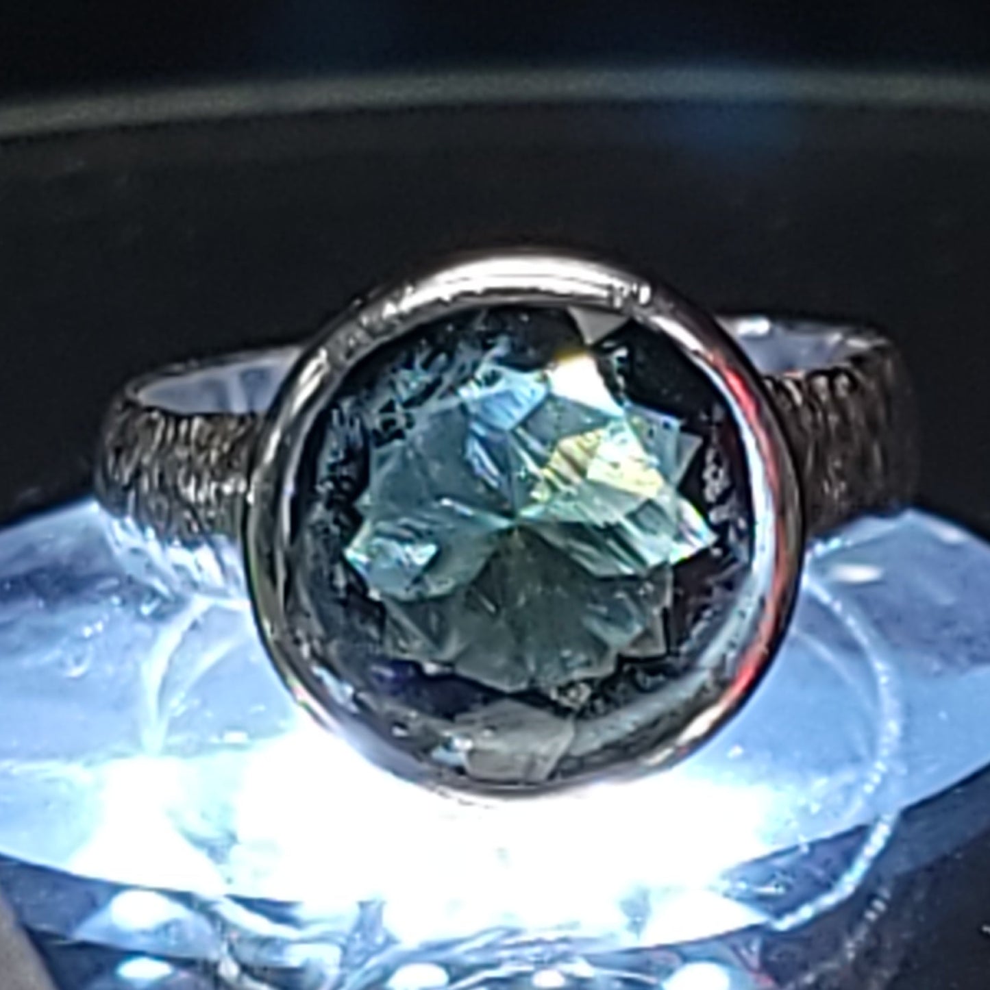 Moldavite Ring Sterling Silver Band Faceted Round - Elevated Metaphysical