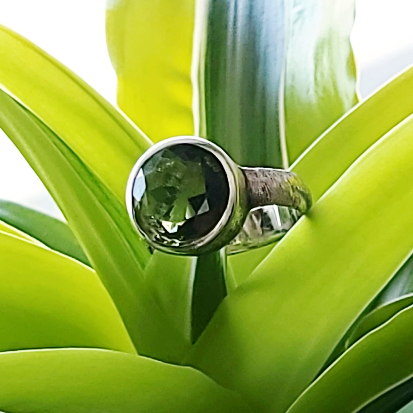 Moldavite Ring Sterling Silver Band Faceted Round - Elevated Metaphysical