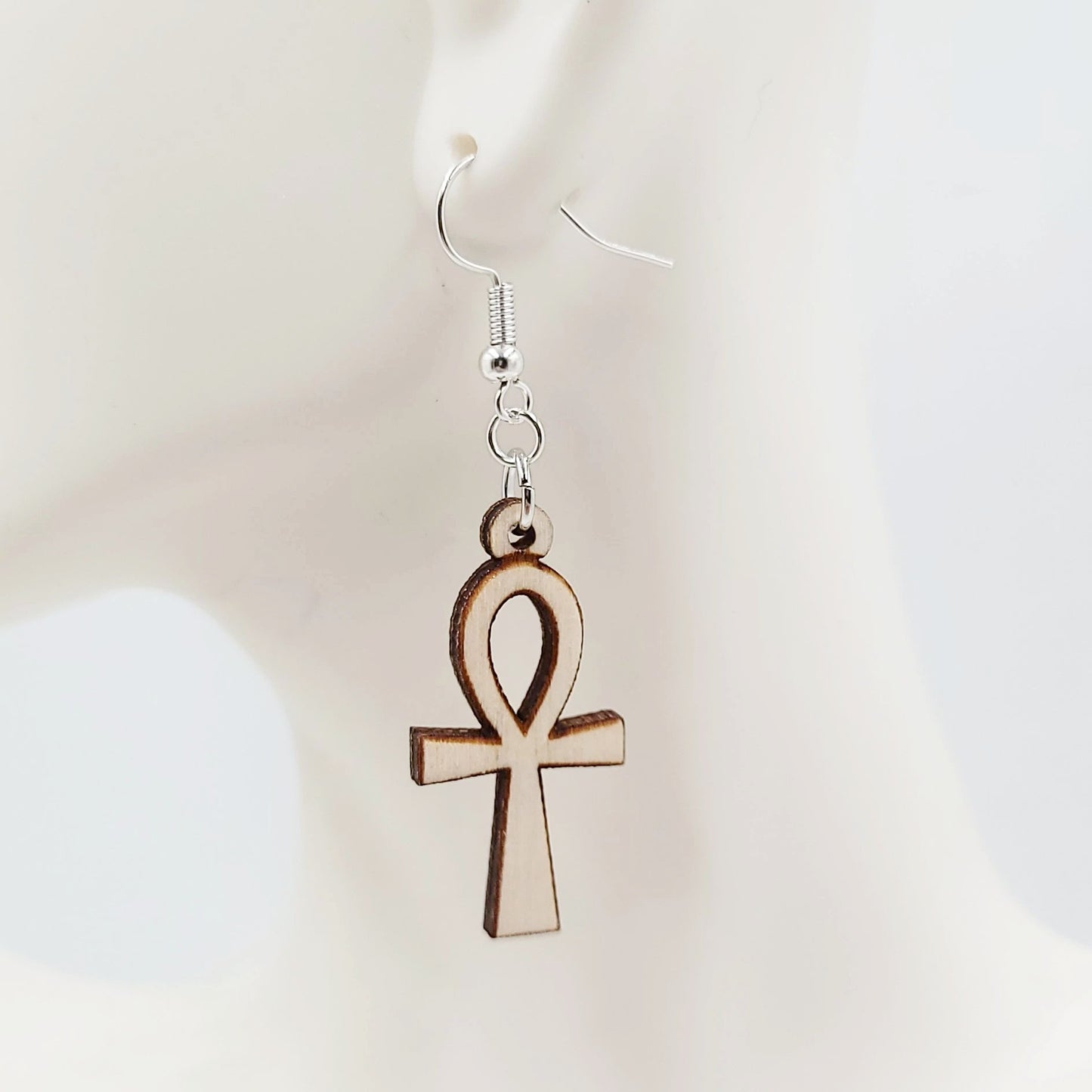 Wood Ankh Earrings Sterling Silver Dangle - Elevated Metaphysical